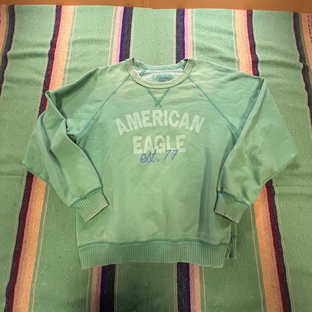 American Eagle Sweatshirt Mens Small Green Lived-In Graphic Crewneck Pullover